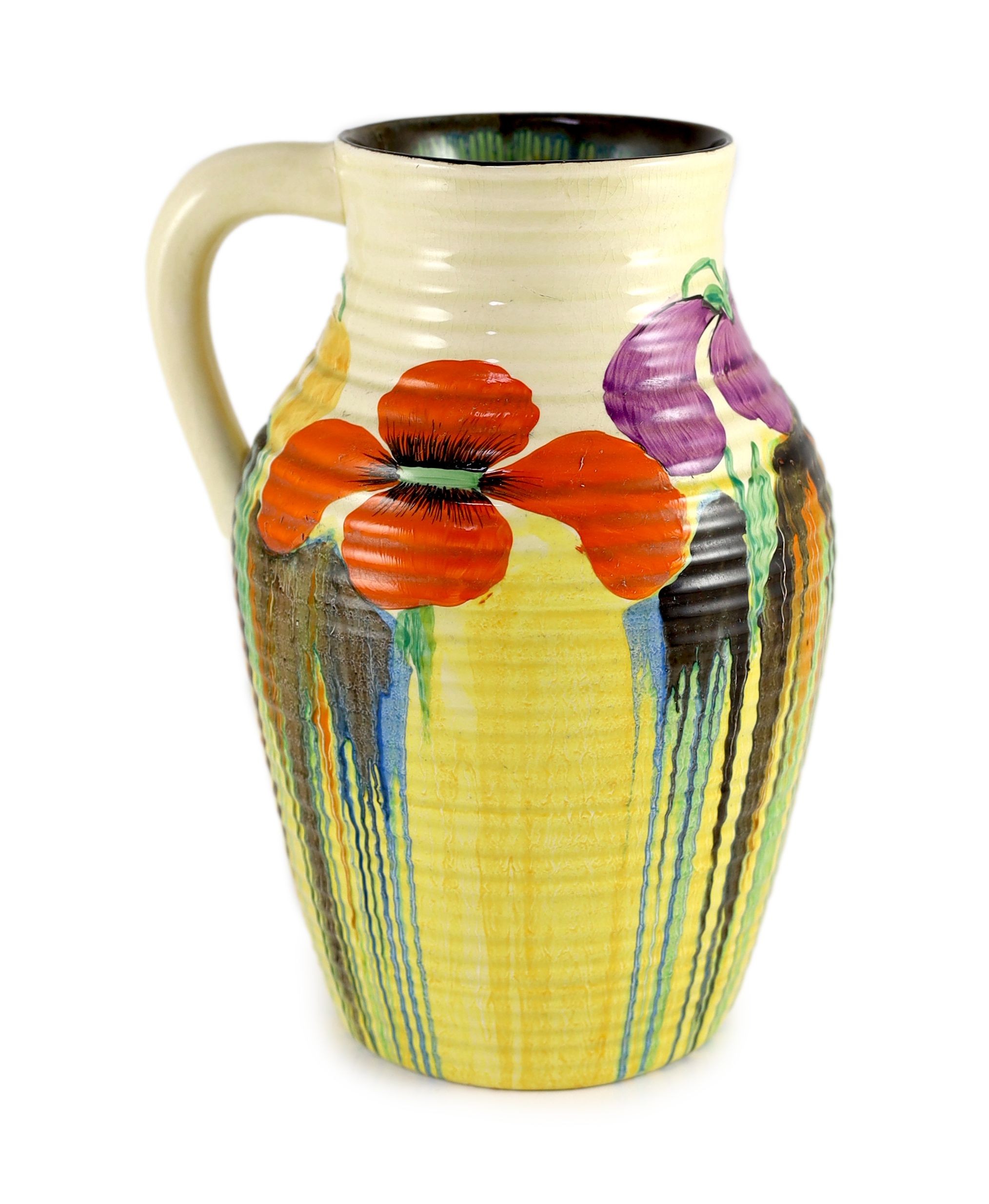 A Clarice Cliff Delecia Poppy jug, 29.5cm high